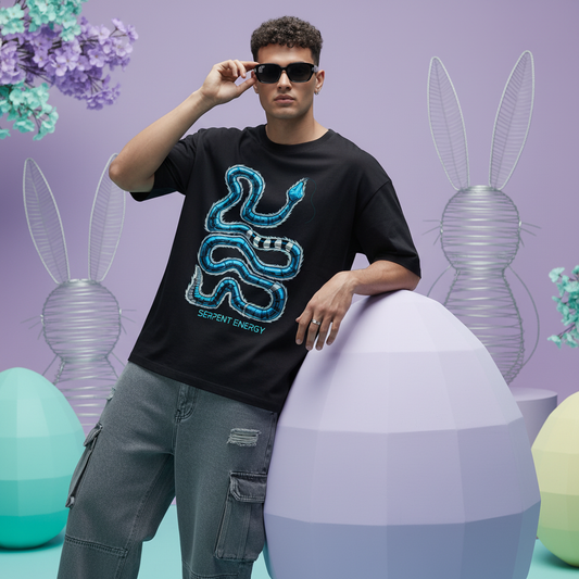 Futuristic blue snake graphic oversized black t-shirt with Serpent Energy BLACK