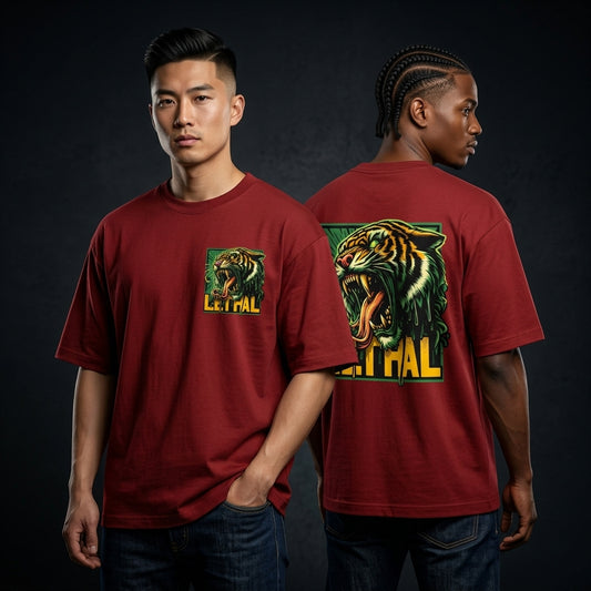 red oversized t-shirt with lethal roaring tiger graphic print