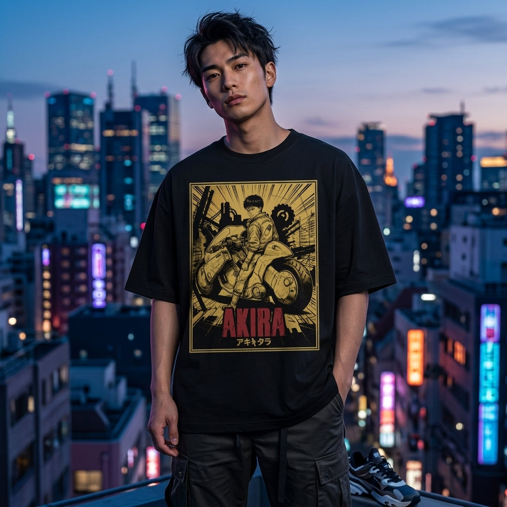 Black oversized Akira anime graphic t-shirt featuring futuristic biker artwork and vintage manga streetwear design.