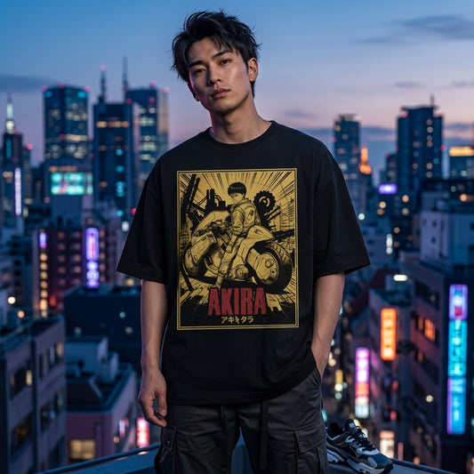 Black oversized Akira anime graphic t-shirt featuring futuristic biker artwork and vintage manga streetwear design.