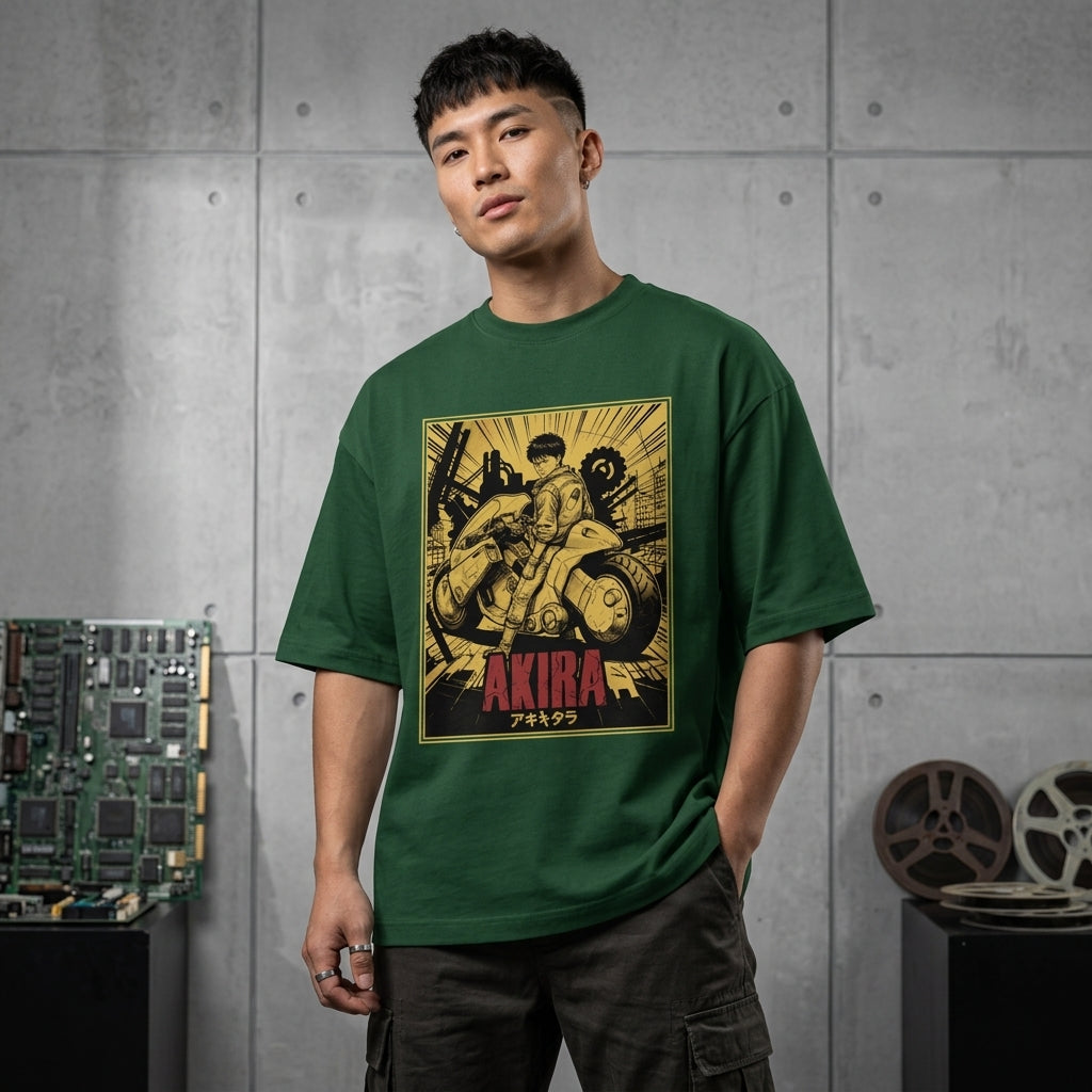 GREEN oversized Akira anime graphic t-shirt featuring futuristic biker artwork and vintage manga streetwear design.