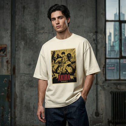 OFF WHITE oversized Akira anime graphic t-shirt featuring futuristic biker artwork and vintage manga streetwear design.