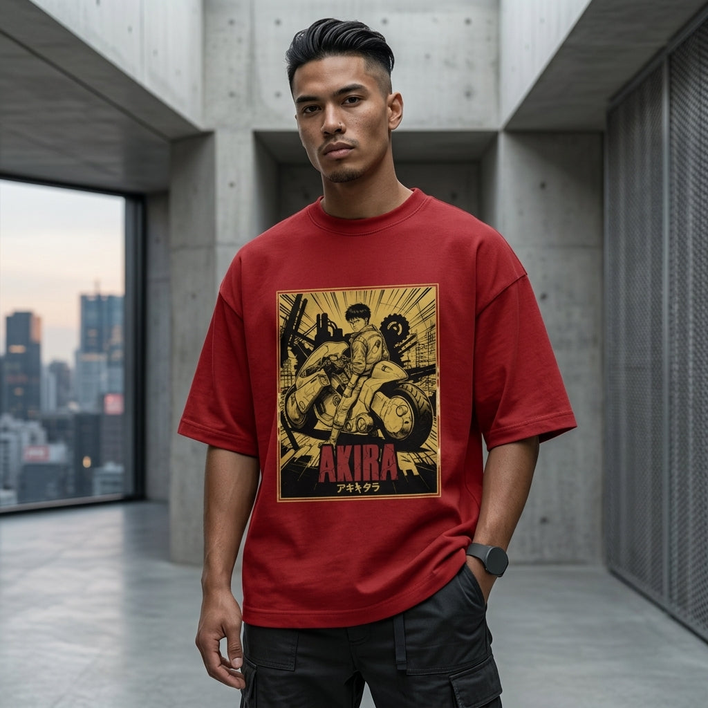 RED oversized Akira anime graphic t-shirt featuring futuristic biker artwork and vintage manga streetwear design.