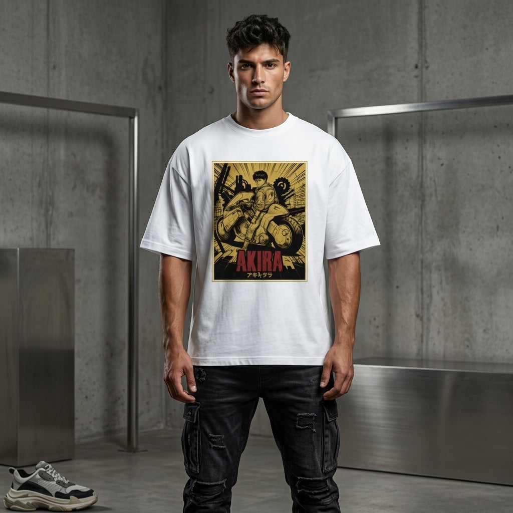 WHITE oversized Akira anime graphic t-shirt featuring futuristic biker artwork and vintage manga streetwear design.