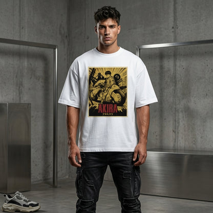 WHITE oversized Akira anime graphic t-shirt featuring futuristic biker artwork and vintage manga streetwear design.