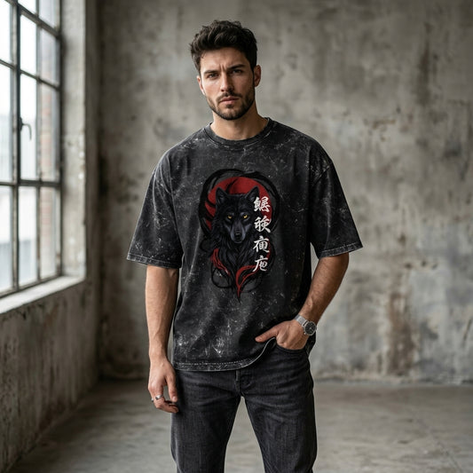 Midnight Wolf Acid Wash Oversized T-Shirt | Japanese Streetwear Graphic Tee