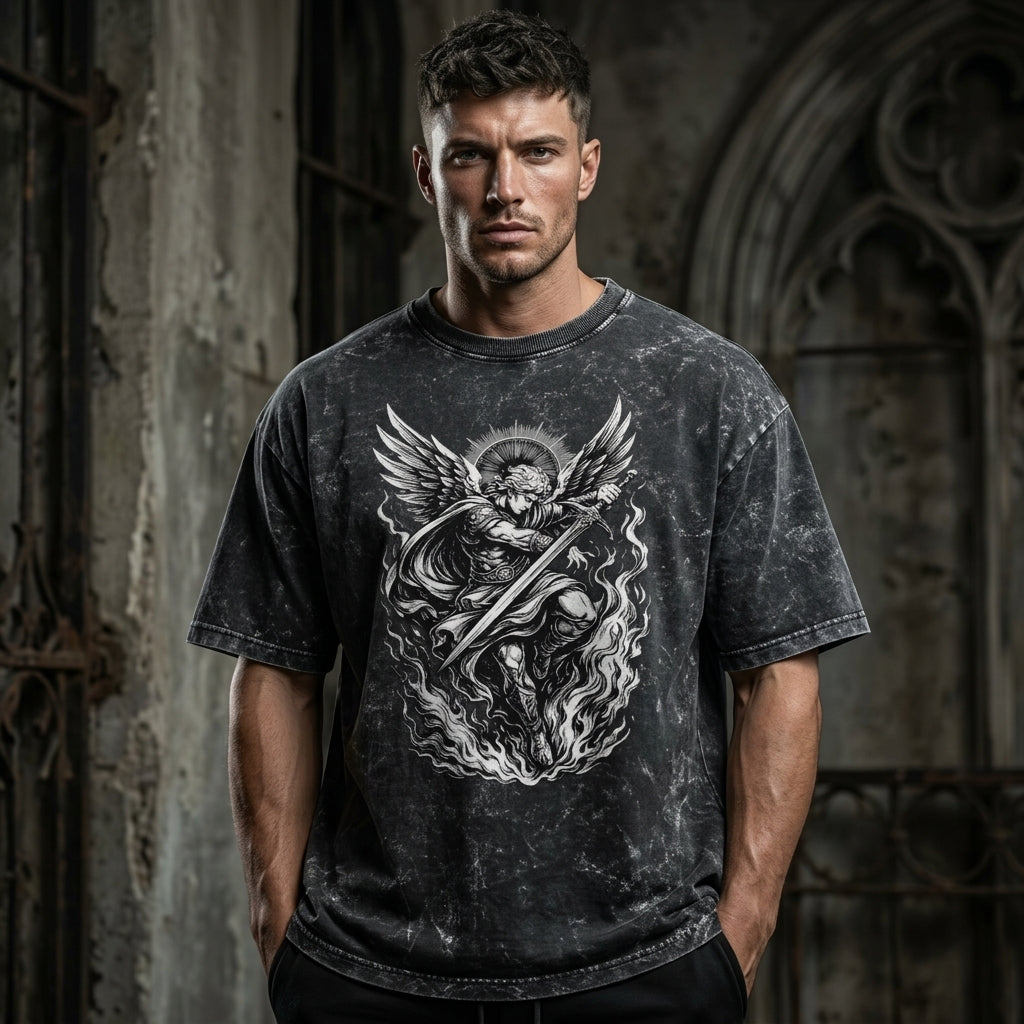 Oversized BLACK acid wash t-shirt with celestial angel warrior sword graphic design