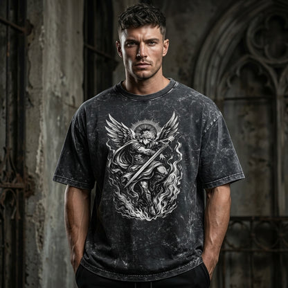 Oversized BLACK acid wash t-shirt with celestial angel warrior sword graphic design