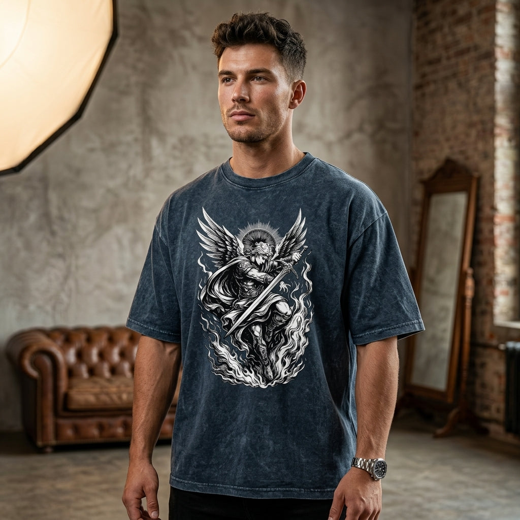 Oversized maroon acid wash t-shirt with celestial angel warrior sword graphic design BLUE