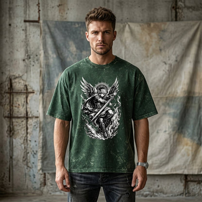 Oversized GREEN acid wash t-shirt with celestial angel warrior sword graphic design