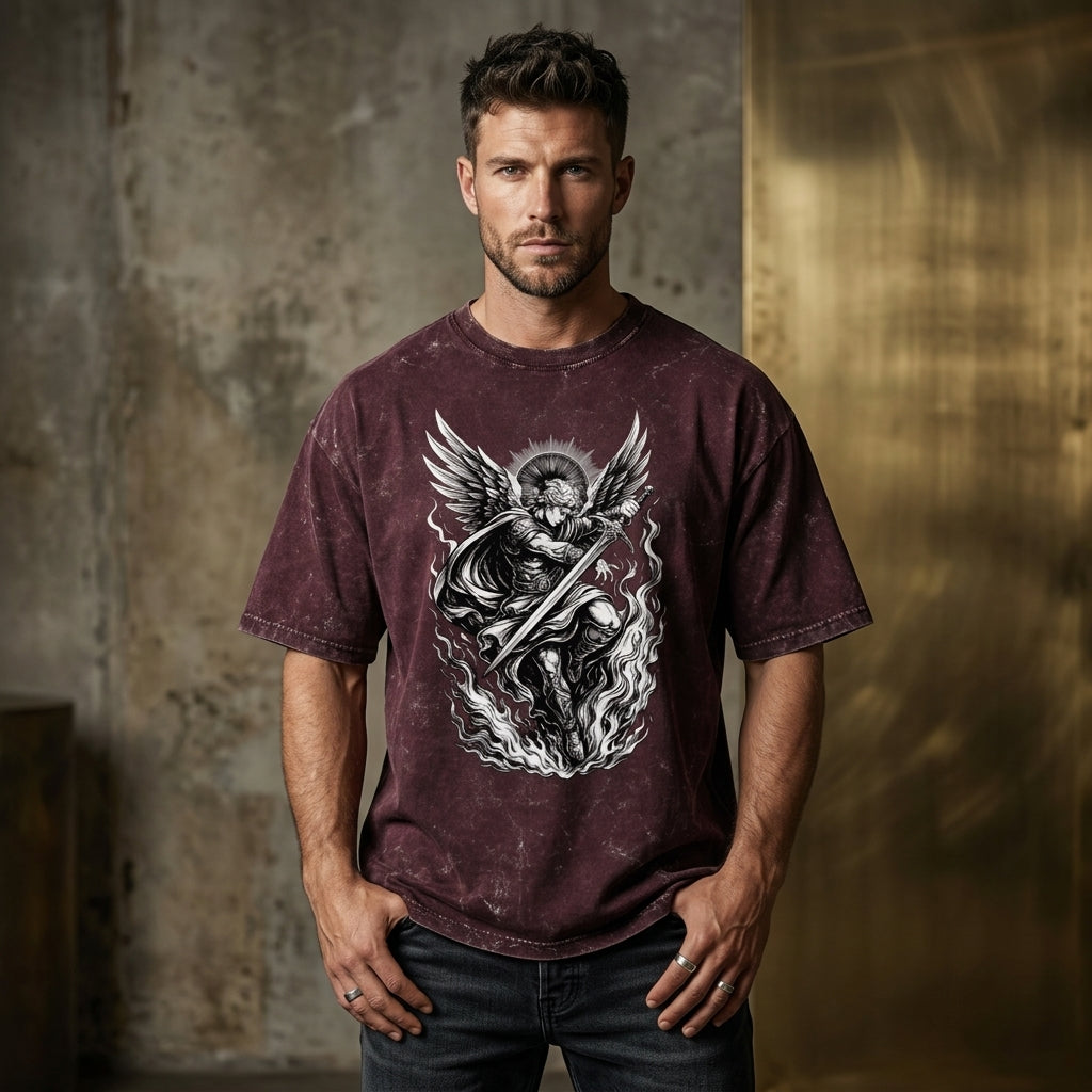 Oversized maroon acid wash t-shirt with celestial angel warrior sword graphic design