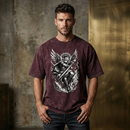 Oversized maroon acid wash t-shirt with celestial angel warrior sword graphic design