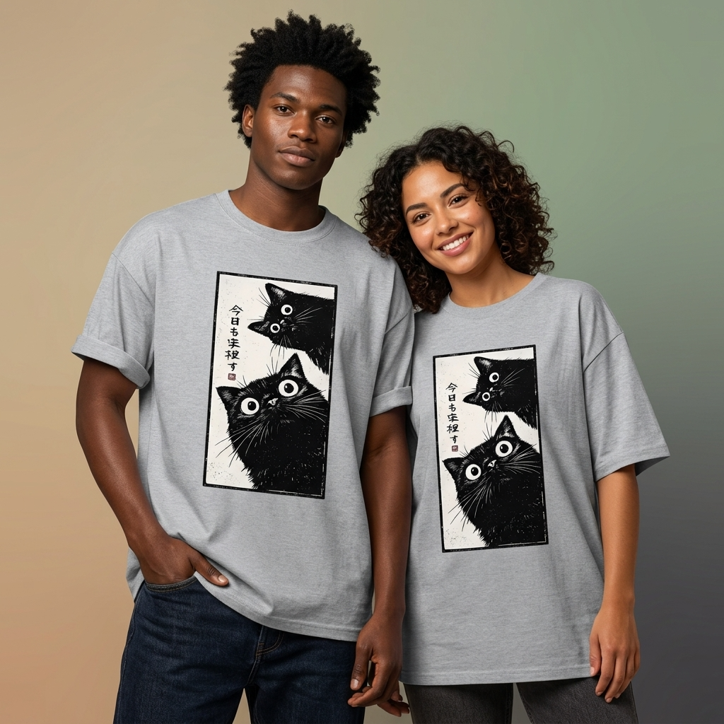 GREY oversized t-shirt featuring Japanese-inspired black cat graphic artwork with curious wide-eyed cats and manga aesthetic design.