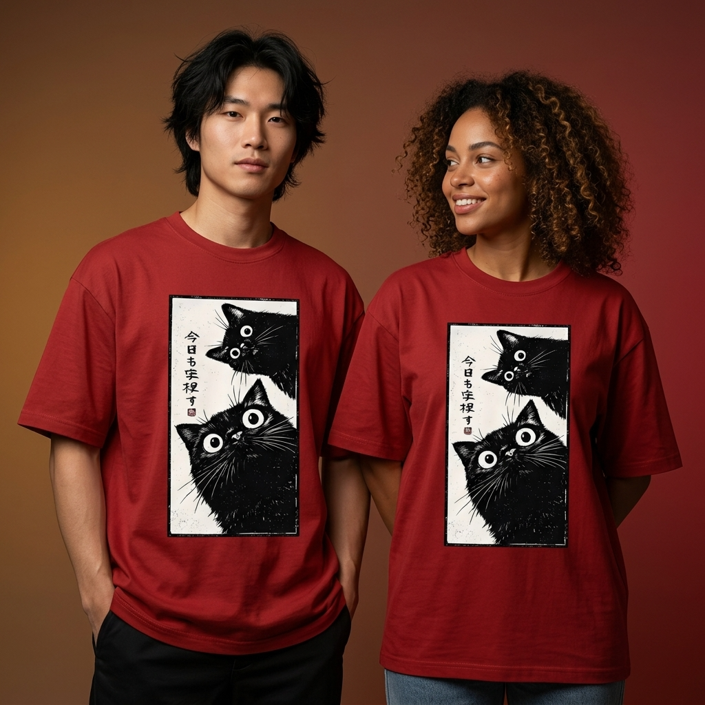 RED oversized t-shirt featuring Japanese-inspired black cat graphic artwork with curious wide-eyed cats and manga aesthetic design.