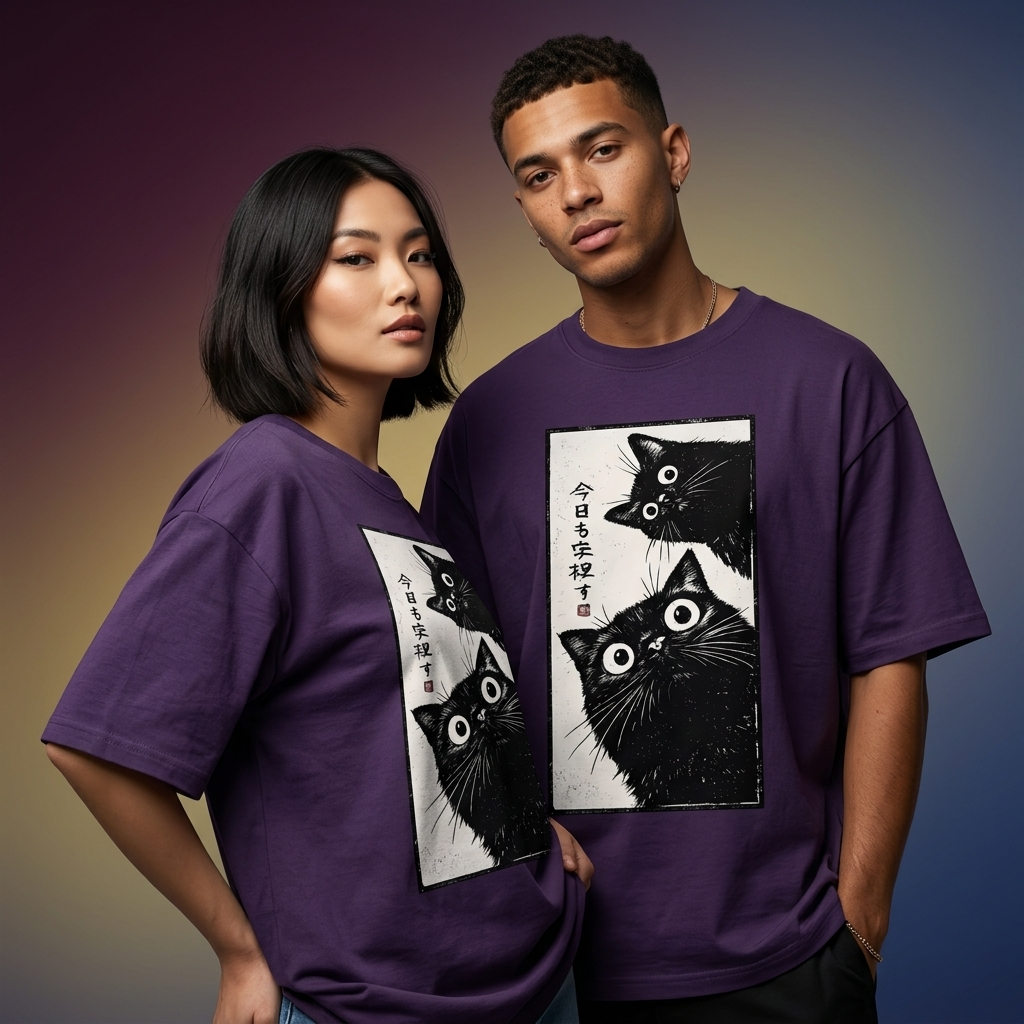 Purple oversized t-shirt featuring Japanese-inspired black cat graphic artwork with curious wide-eyed cats and manga aesthetic design.
