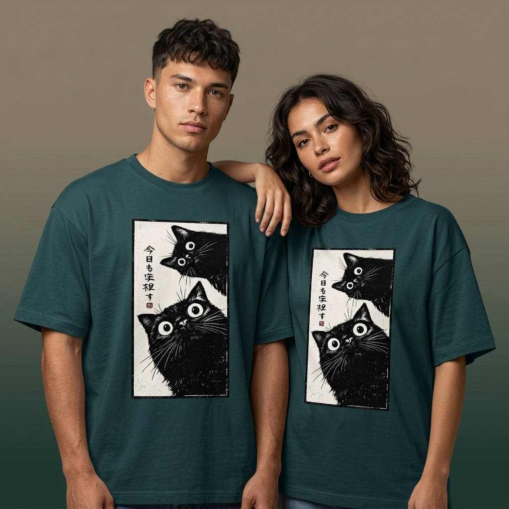 BLUE  oversized t-shirt featuring Japanese-inspired black cat graphic artwork with curious wide-eyed cats and manga aesthetic design.