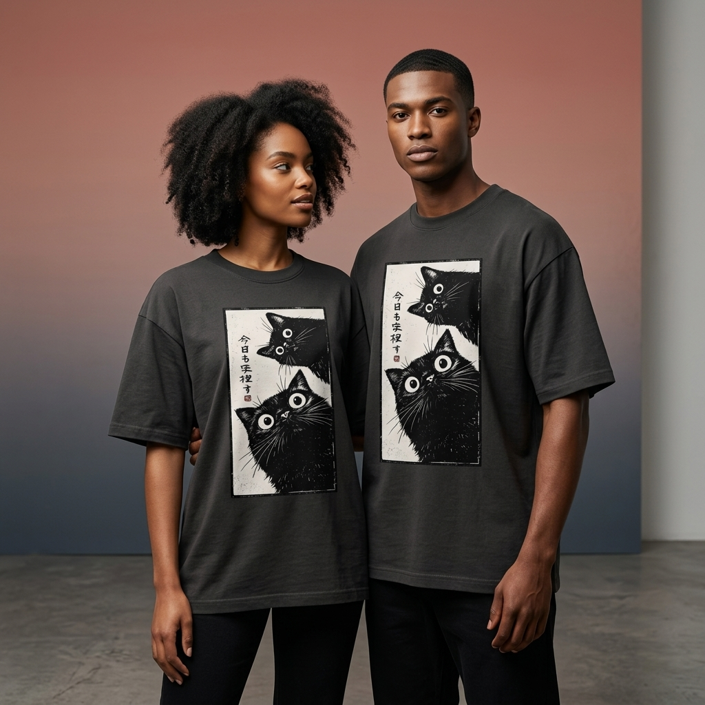 BLACK oversized t-shirt featuring Japanese-inspired black cat graphic artwork with curious wide-eyed cats and manga aesthetic design.