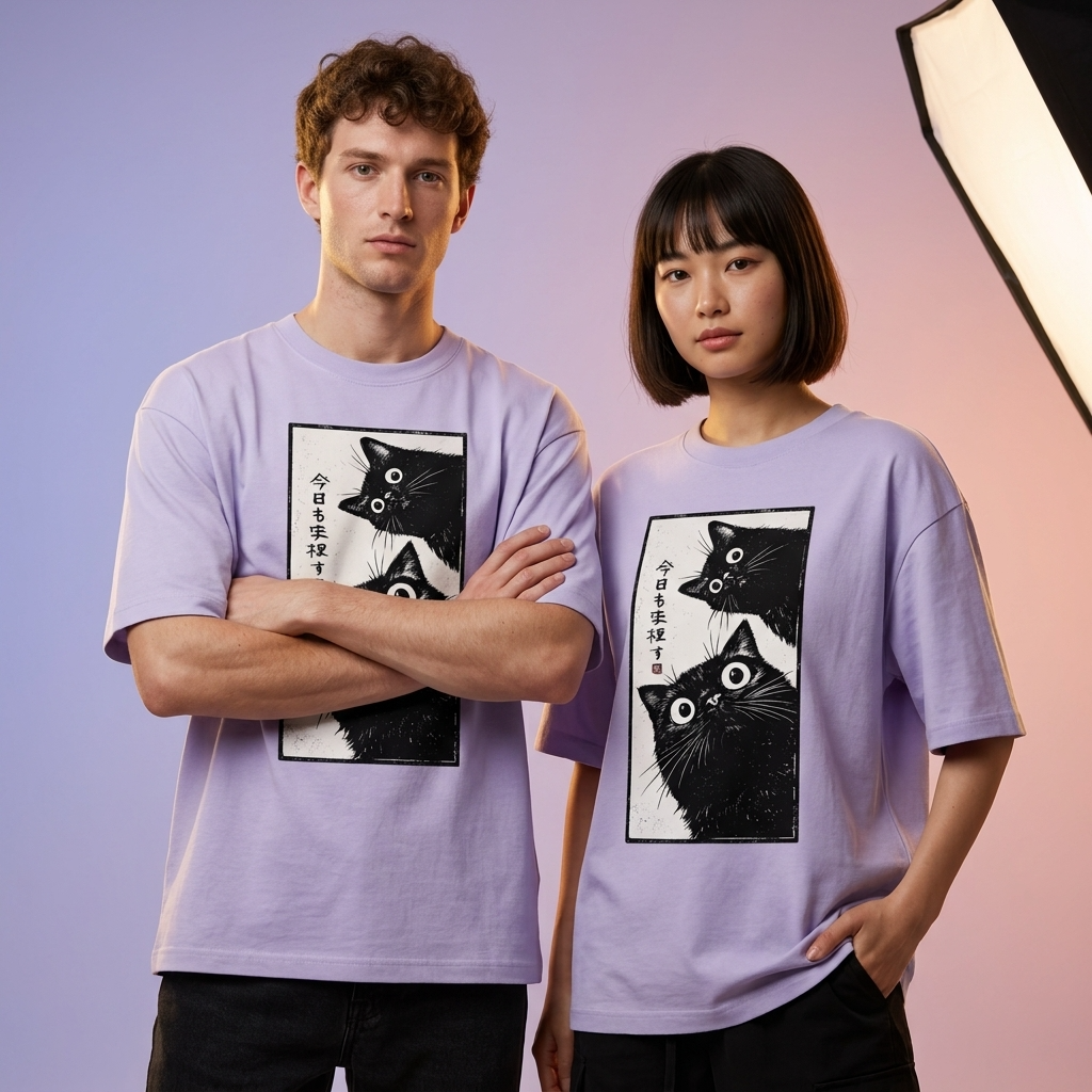 LAVENDER oversized t-shirt featuring Japanese-inspired black cat graphic artwork with curious wide-eyed cats and manga aesthetic design.