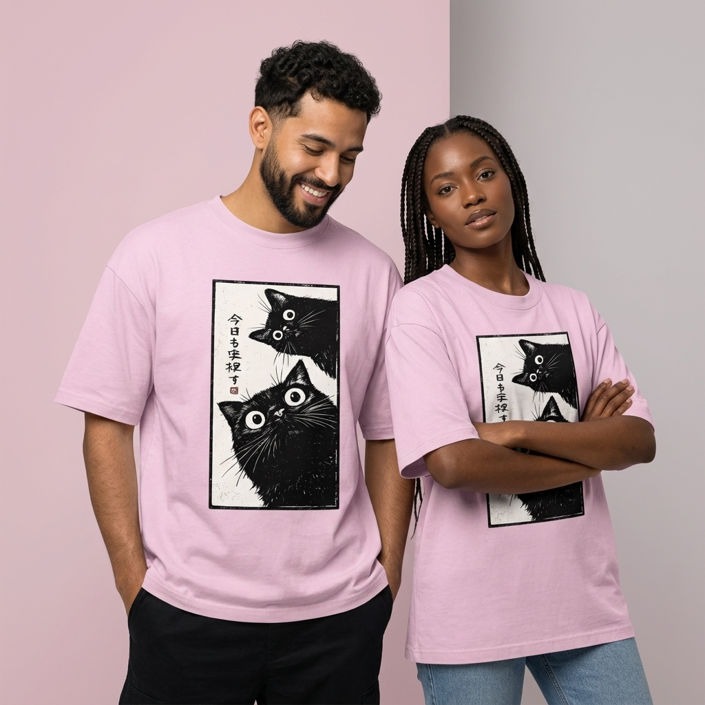 BABY PINK oversized t-shirt featuring Japanese-inspired black cat graphic artwork with curious wide-eyed cats and manga aesthetic design.