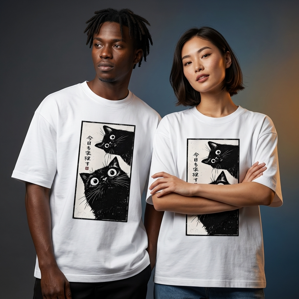 WHITE oversized t-shirt featuring Japanese-inspired black cat graphic artwork with curious wide-eyed cats and manga aesthetic design.