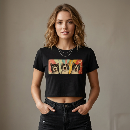 black three surprised black and white cats with a colorful retro background graphic print