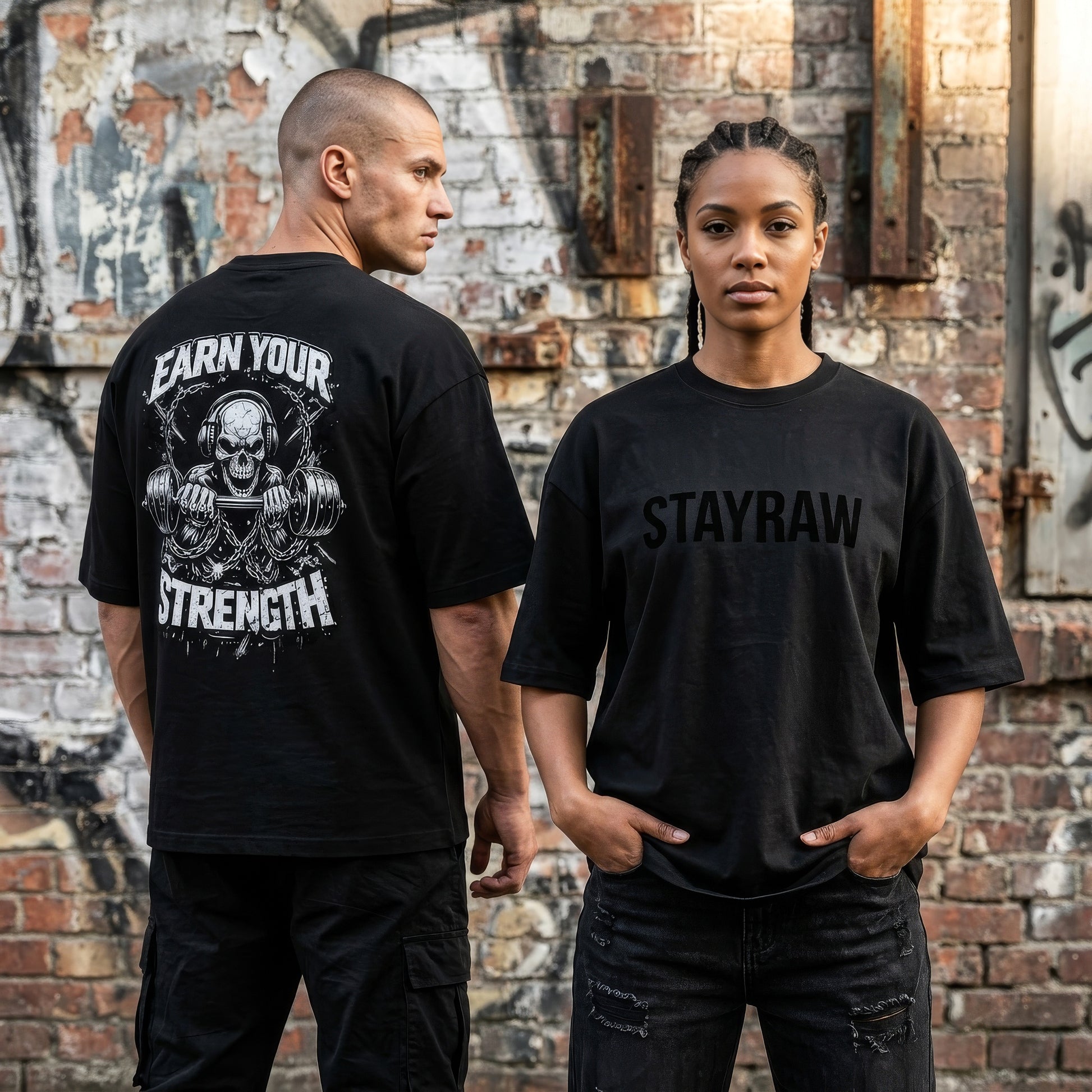 black Earn Your Strength red oversized gym t-shirt back print skull barbell design StayRaw