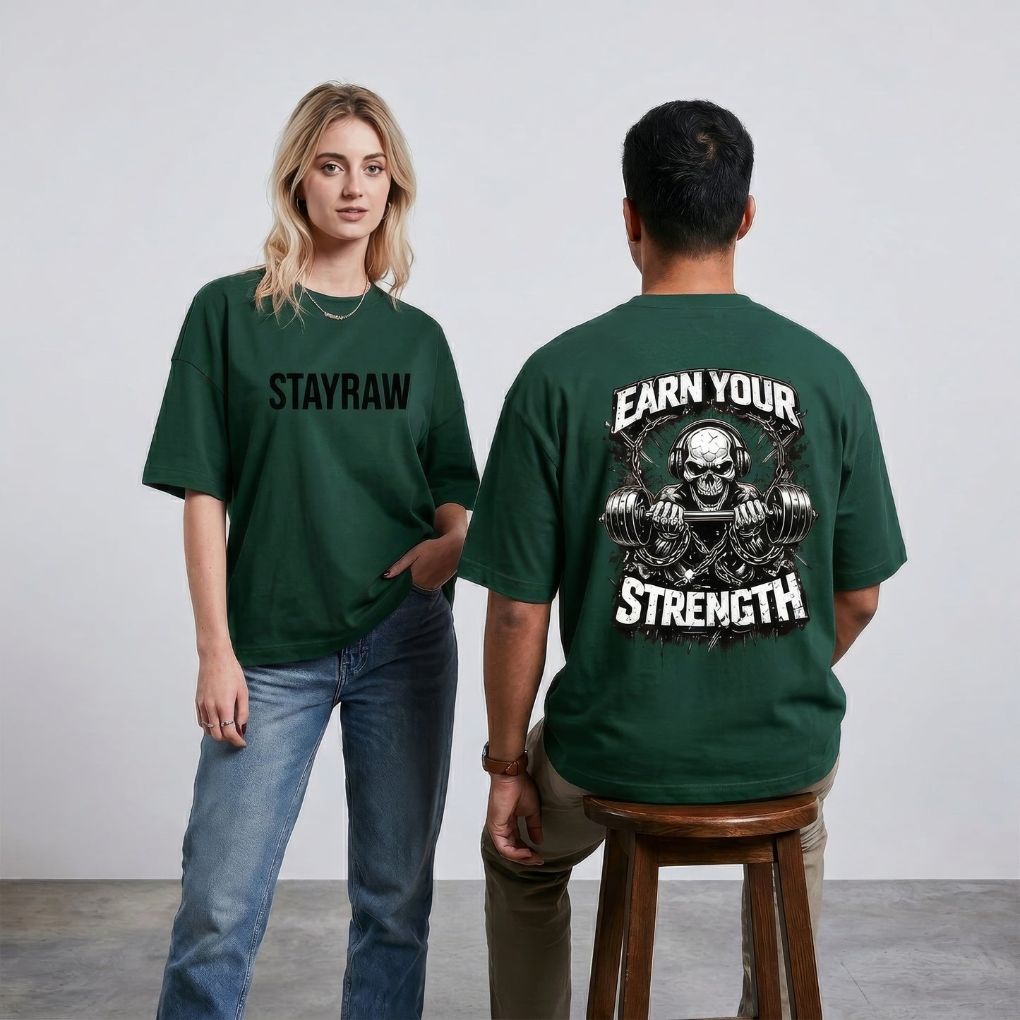 green Earn Your Strength red oversized gym t-shirt back print skull barbell design StayRaw 