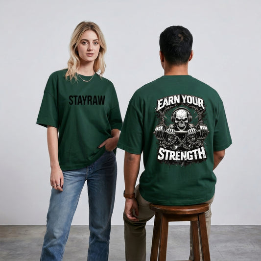 green Earn Your Strength red oversized gym t-shirt back print skull barbell design StayRaw 