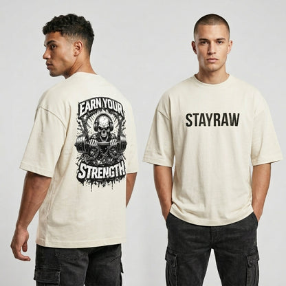 off white Earn Your Strength red oversized gym t-shirt back print skull barbell design StayRaw
