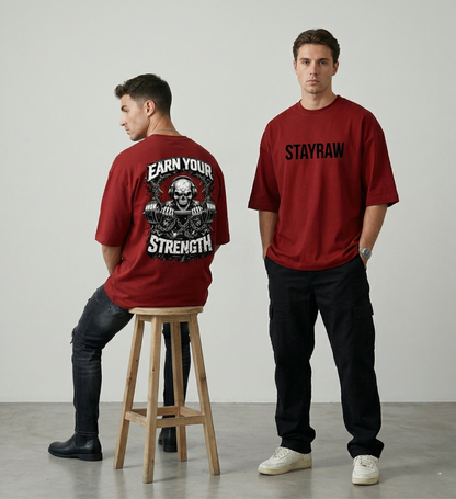 red Earn Your Strength red oversized gym t-shirt back print skull barbell design StayRaw