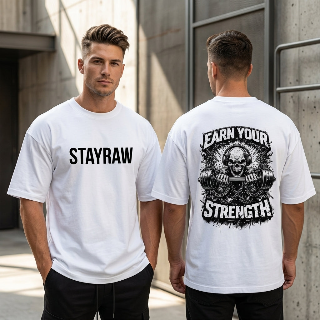 white Earn Your Strength red oversized gym t-shirt back print skull barbell design StayRaw