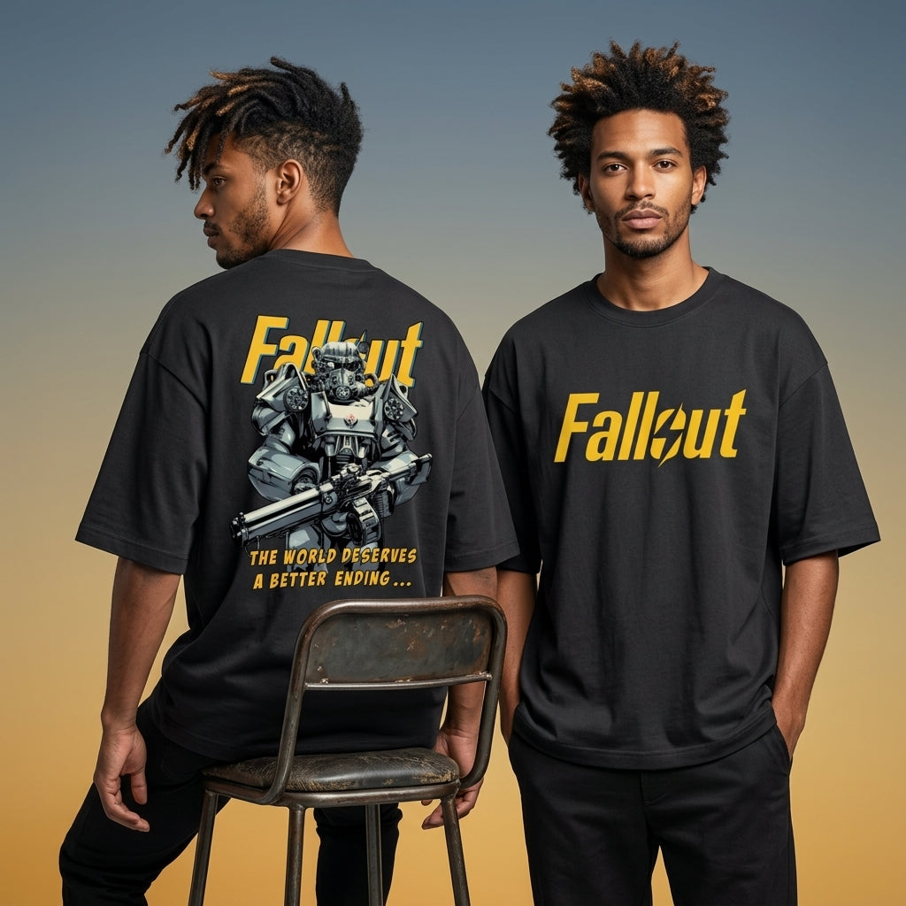 Fallout Power Armor oversized black graphic t-shirt back view with gaming artwork