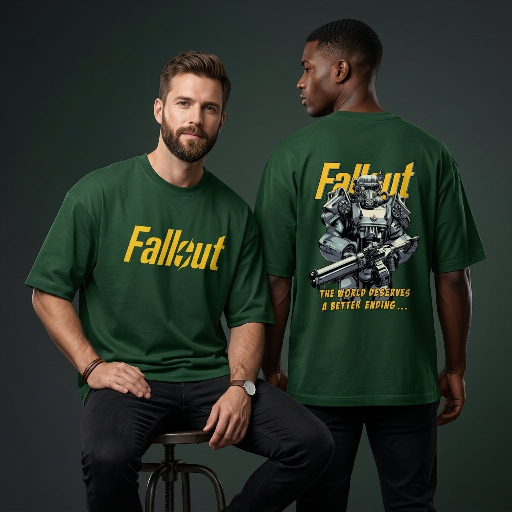 Fallout Power Armor oversized GREN graphic t-shirt back view with gaming artwork
