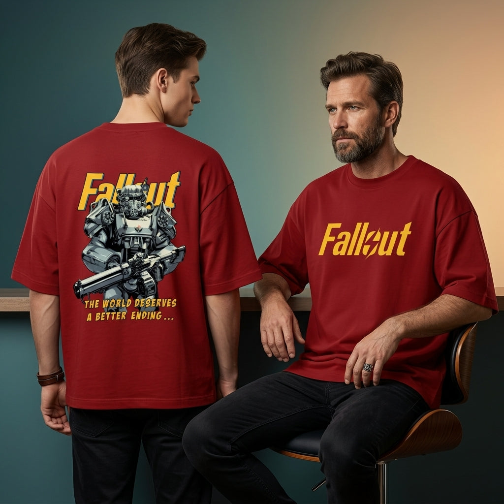 Fallout Power Armor oversized RED graphic t-shirt back view with gaming artwork