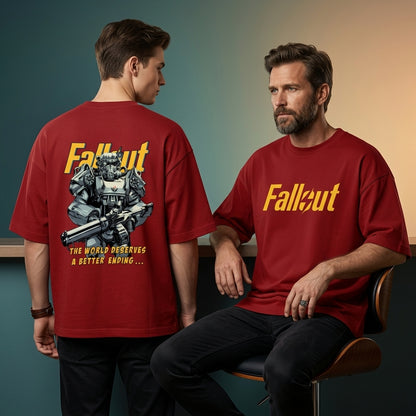 Fallout Power Armor oversized RED graphic t-shirt back view with gaming artwork