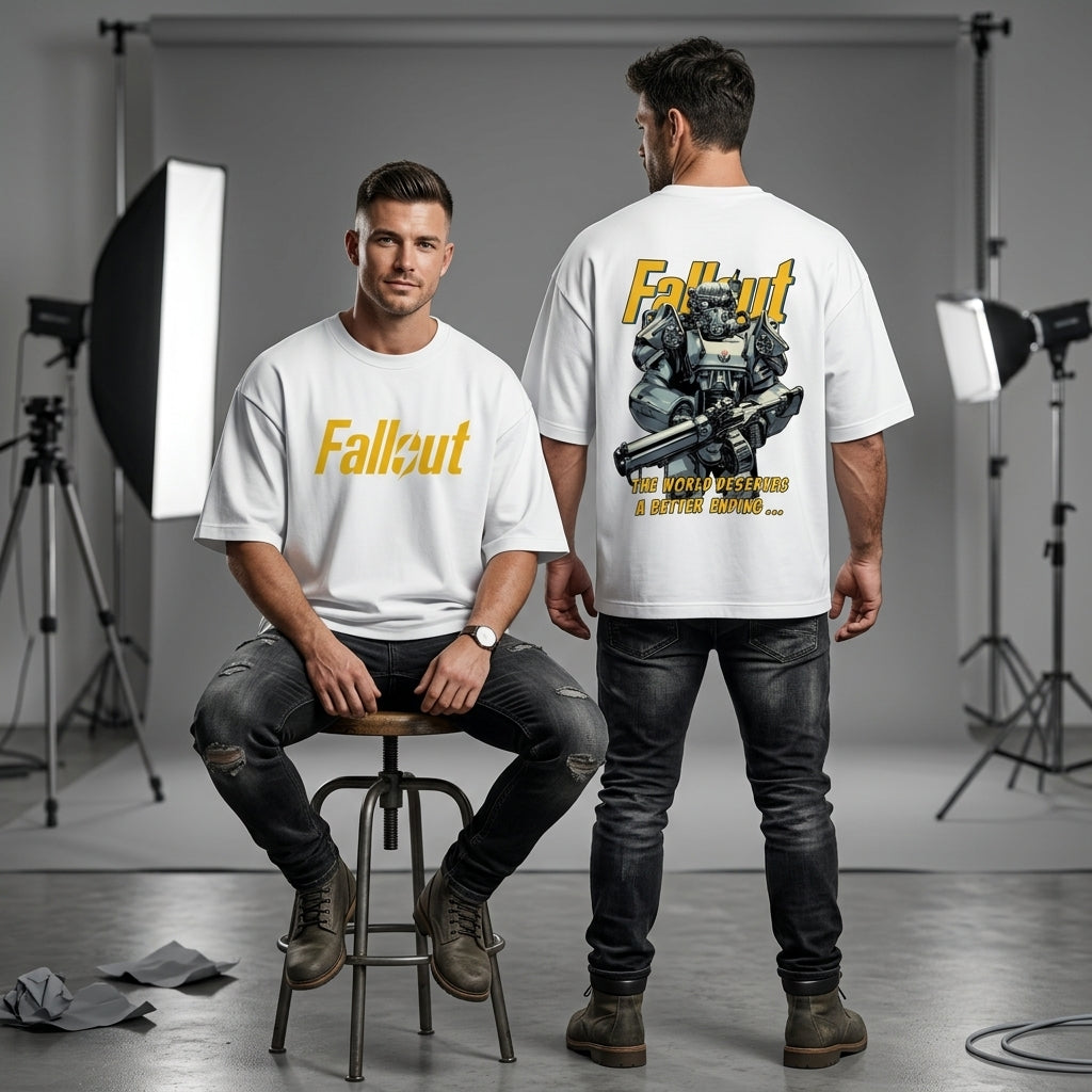 Fallout Power Armor oversized WHITE graphic t-shirt back view with gaming artwork
