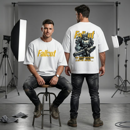 Fallout Power Armor oversized WHITE graphic t-shirt back view with gaming artwork