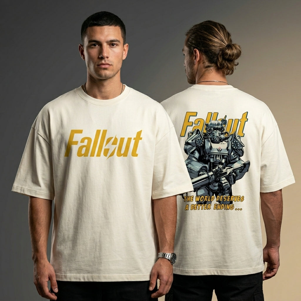Fallout Power Armor oversized OFF WHITE graphic t-shirt back view with gaming art