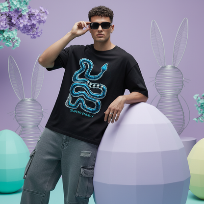 Futuristic blue snake graphic oversized black t-shirt with Serpent Energy BLACK