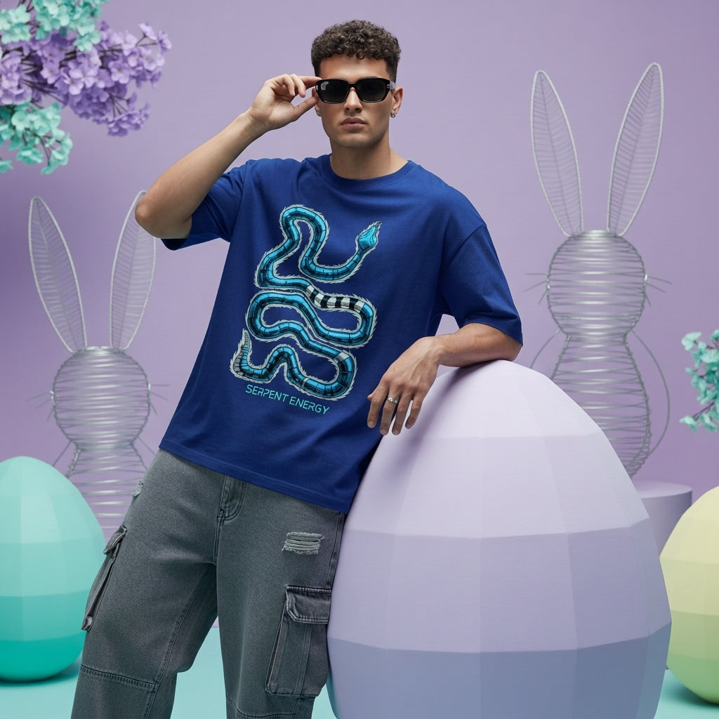 Futuristic blue snake graphic oversized black t-shirt with Serpent Energy print BLUE