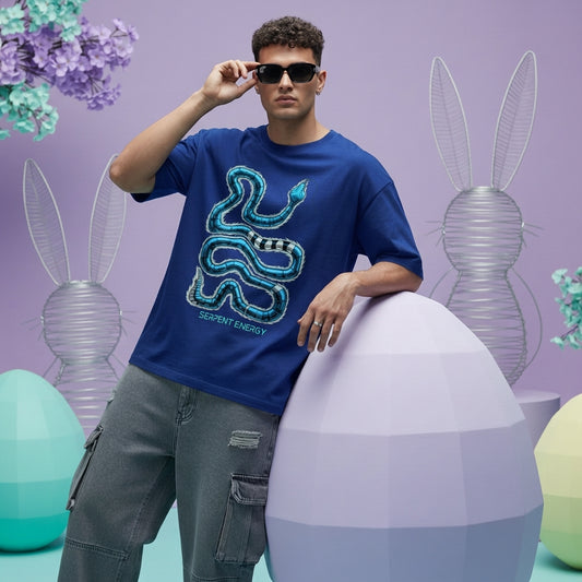Futuristic blue snake graphic oversized black t-shirt with Serpent Energy print BLUE