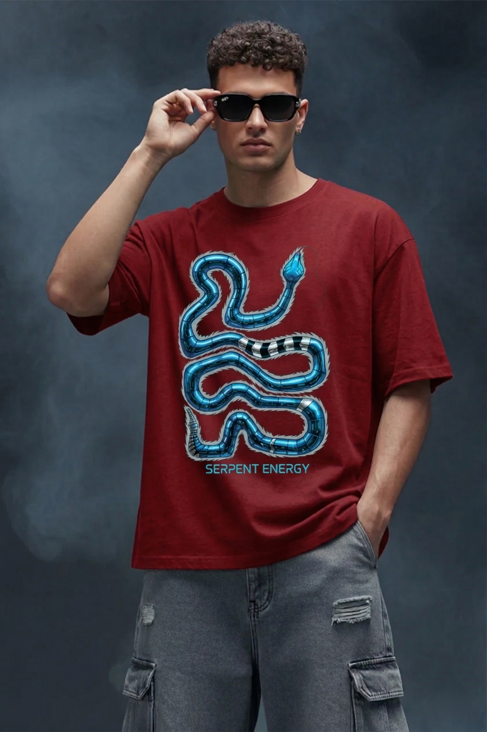Futuristic blue snake graphic oversized black t-shirt with Serpent Energy print RED