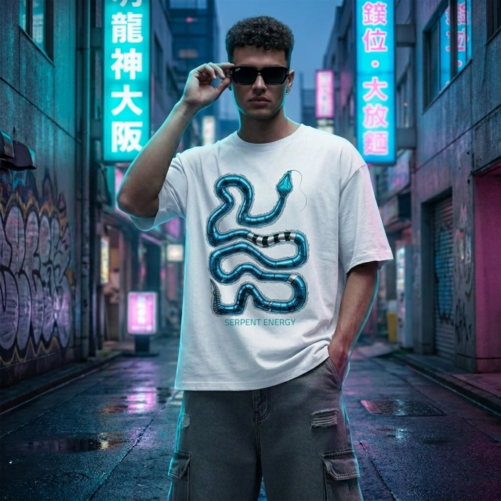 Futuristic blue snake graphic oversized black t-shirt with Serpent Energy print WHITE