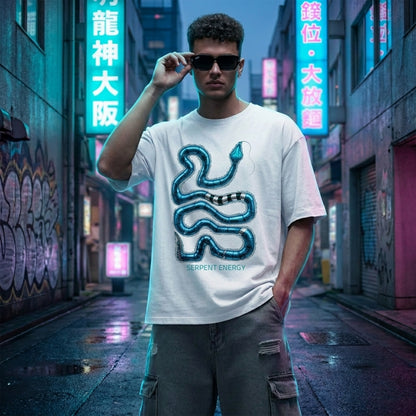 Futuristic blue snake graphic oversized black t-shirt with Serpent Energy print WHITE