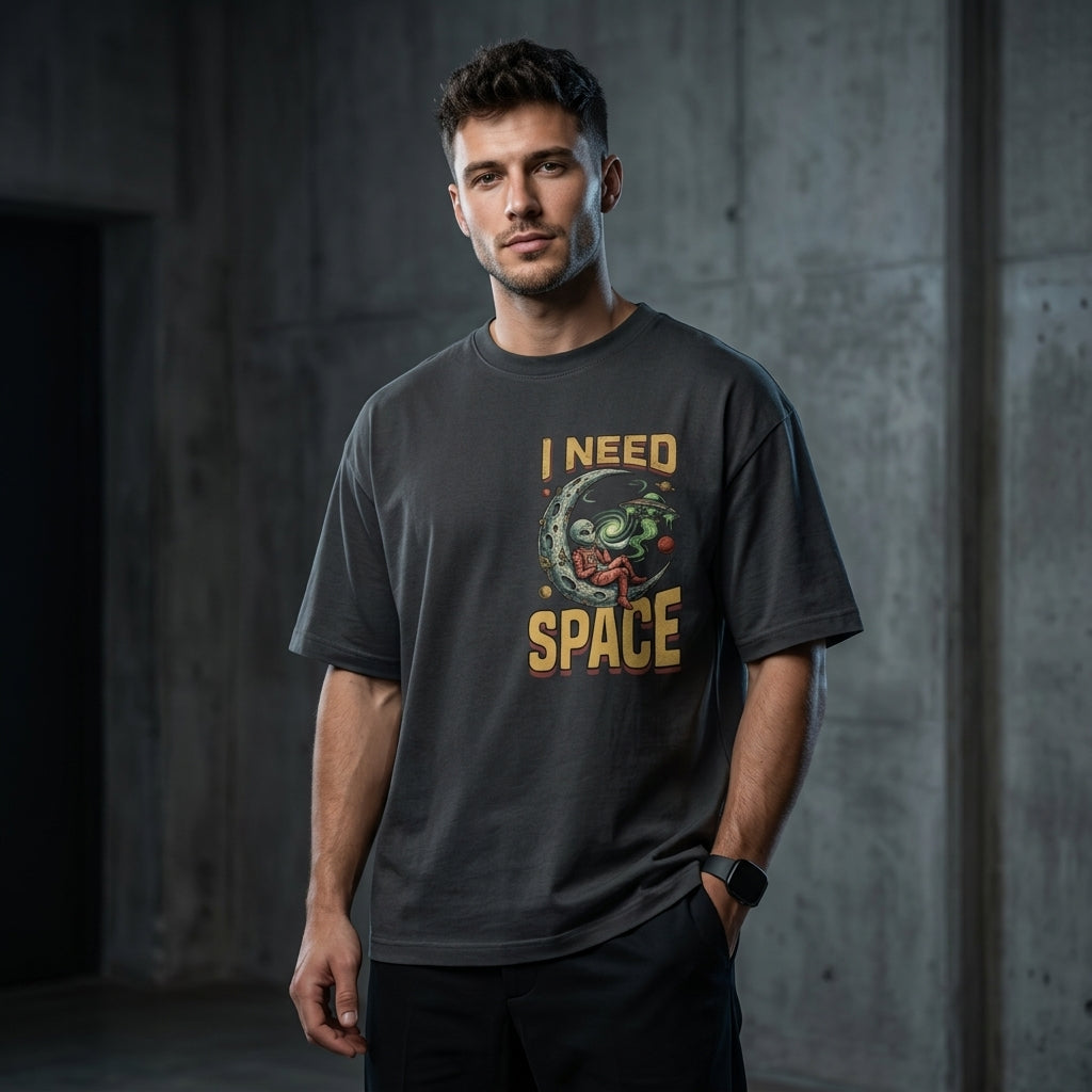 Need Space Oversized Graphic T-Shirt | Retro Alien Astronaut Black Tee