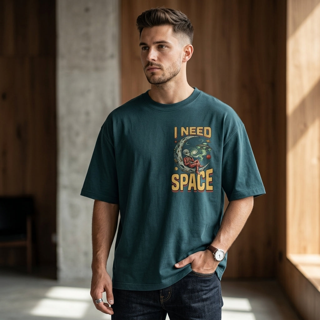 Need Space Oversized Graphic T-Shirt | Retro Alien Astronaut blue Tee