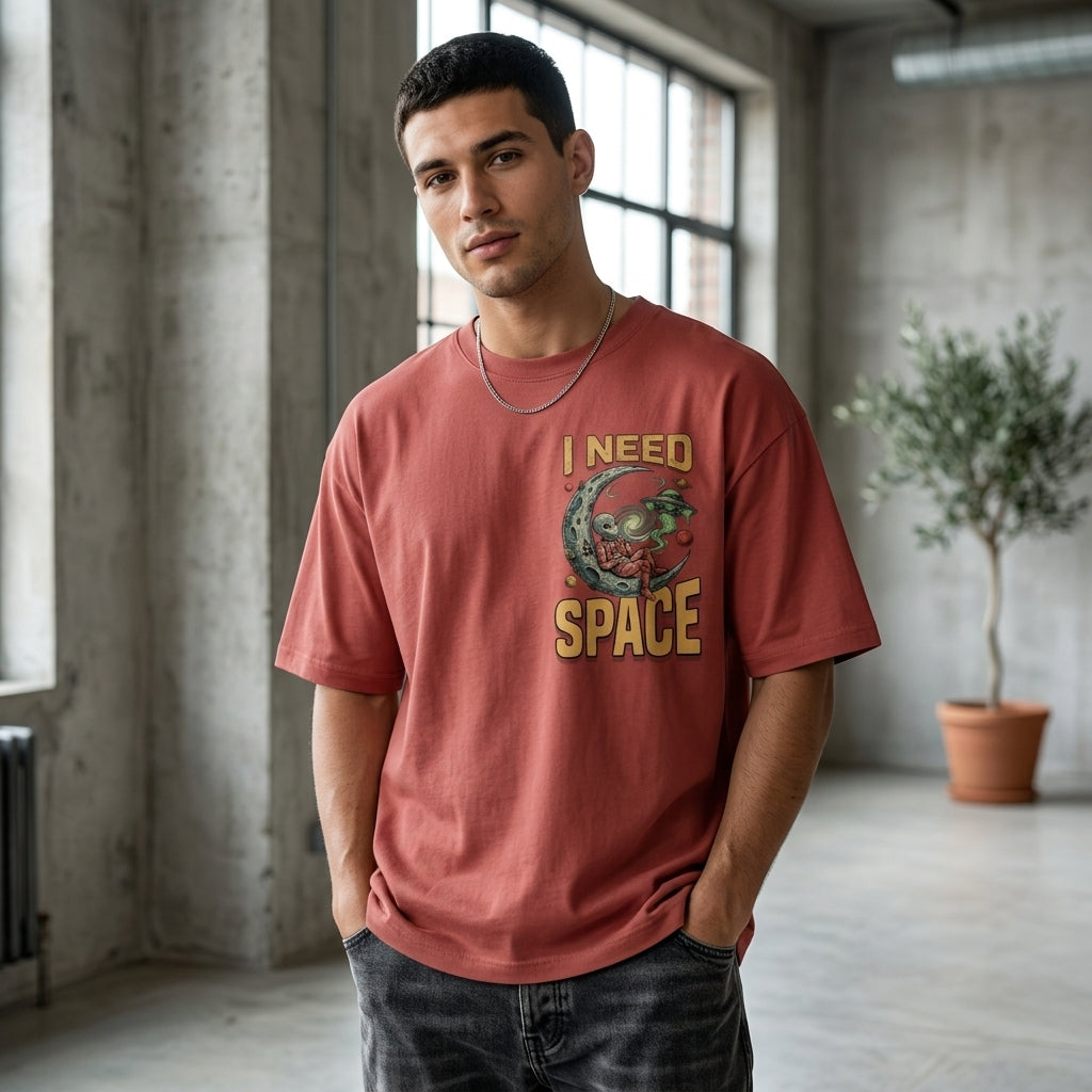 Need Space Oversized Graphic T-Shirt | Retro Alien Astronaut coral red Tee