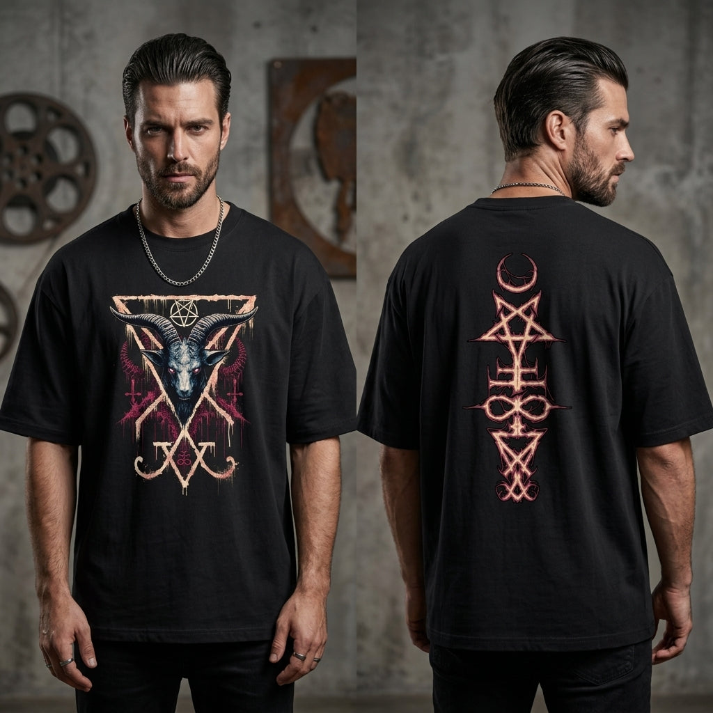 Black oversized gothic t-shirt with demonic goat graphic and occult back print.