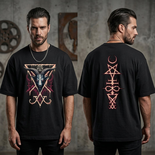 Black oversized gothic t-shirt with demonic goat graphic and occult back print.