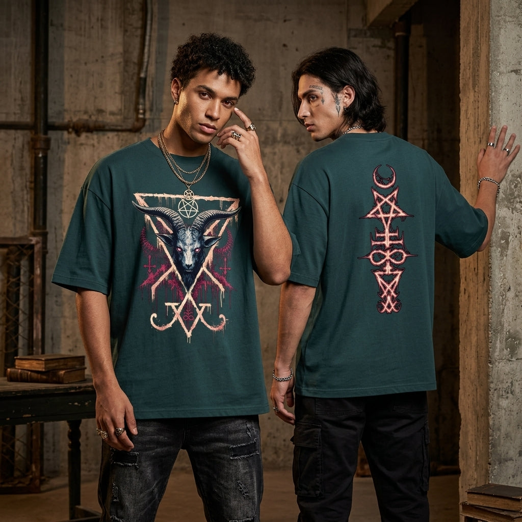 BLUE oversized gothic t-shirt with demonic goat graphic and occult back print.